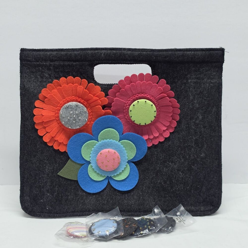 The Purple Tree Handcrafted Gray Felt Women's Satchel Handbag Removable Flowers